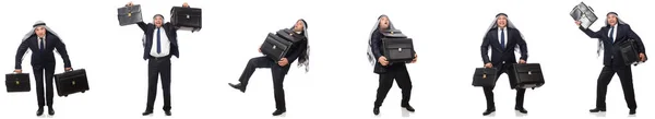 Арабский бизнесмен с чемоданом изолирован на белом — стоковое фото