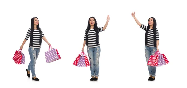 Mujer con bolsas aisladas en blanco — Foto de Stock