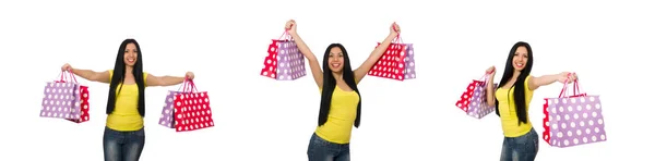 Mulher com sacos de compras isolados em branco — Fotografia de Stock