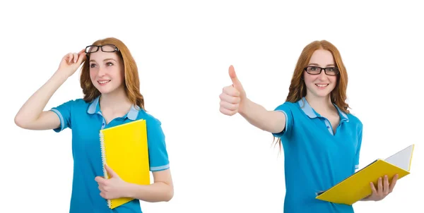 Female student with notes isolated on white — Stock Photo, Image