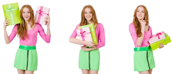 Hermosa mujer en falda verde con caja de regalo —  Fotos de Stock