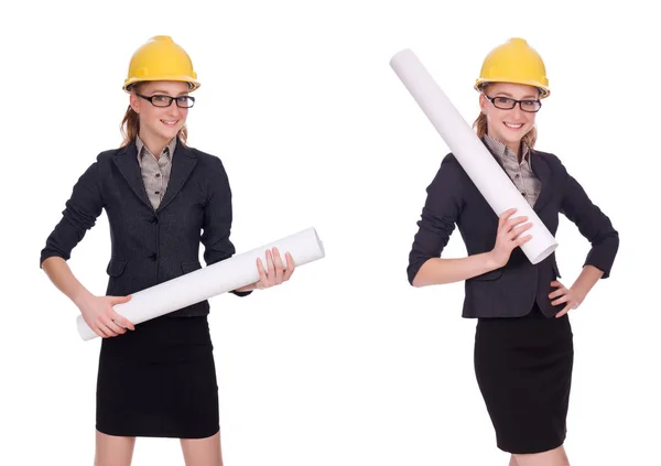 A blueprint elszigetelt fehér női építész — Stock Fotó