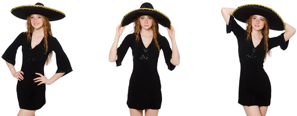 Young redhead lady in black dress with black sombrero — Stock Photo, Image