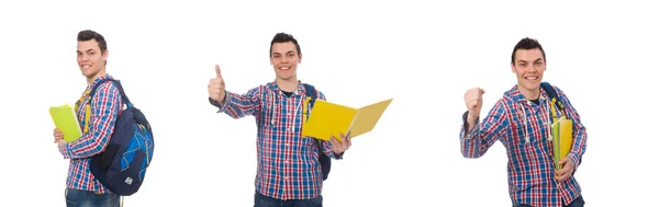 Estudante caucasiano sorridente com mochila e livro isolado no whi — Fotografia de Stock