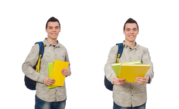 Estudante caucasiano sorridente com mochila isolada em branco — Fotografia de Stock