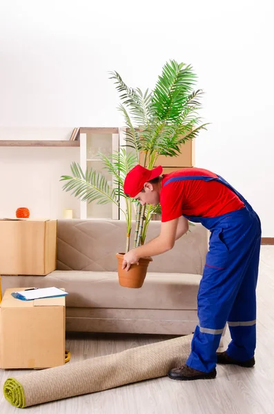 Jeune entrepreneur avec des boîtes travaillant à l'intérieur — Photo