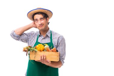Beyaz arka planda taze ürünleri olan genç çiftçi.
