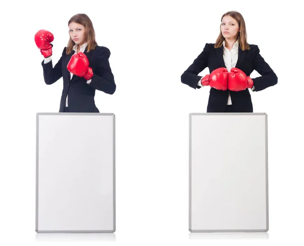 Woman boxer with blank board on white — Stock Photo, Image