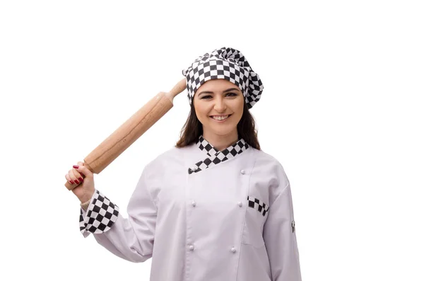 在白色查出的年轻的女面包师 — 图库照片