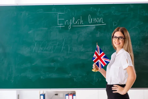 站在 b 前的年轻女英语教师 — 图库照片