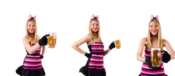 Young waitress with beer on white — Stock Photo, Image