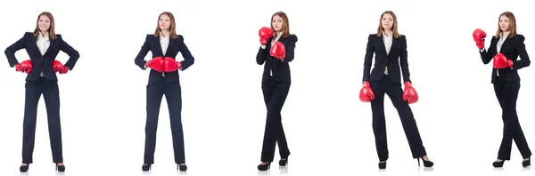 Mujer de negocios con guantes de boxeo aislados en blanco —  Fotos de Stock