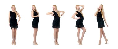 Beyaz izole mini siyah elbiseli güzel hamile kadın