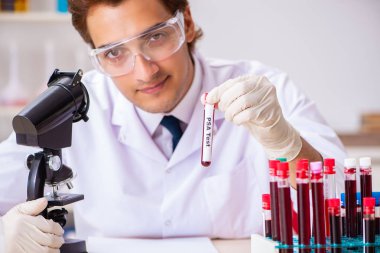 Genç yakışıklı laboratuvar asistanı hastanede kan örnekleri test ediyor. 