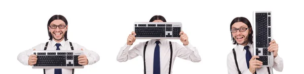 Genç komik işadamı ile üzerine beyaz izole klavye — Stok fotoğraf