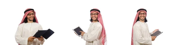 Hombre árabe con libro aislado en blanco — Foto de Stock