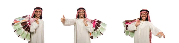 Homem árabe com sacos de compras em branco — Fotografia de Stock