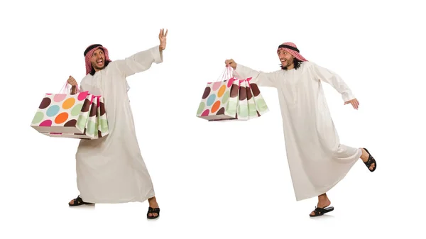Arab man with shopping bags on white — Stock Photo, Image