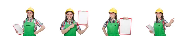 Arbeiterin trägt Overall isoliert auf weiß — Stockfoto