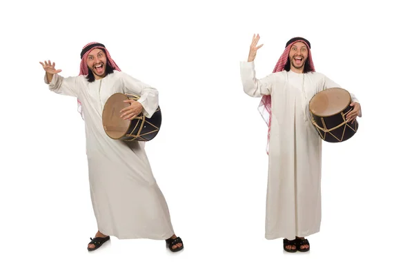 Arabische man spelen trommel geïsoleerd op wit — Stockfoto