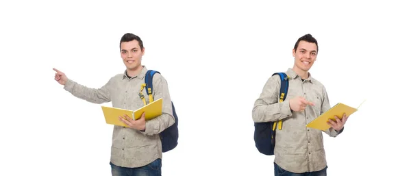 Усміхнений білий студент з рюкзаком і книгою ізольовані на w — стокове фото