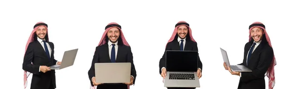 Arabischer Geschäftsmann mit Computer auf Weiß — Stockfoto