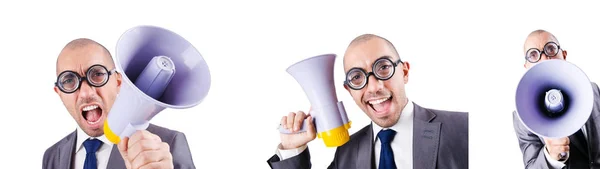 Funny man with loudspeaker on white — Stock Photo, Image