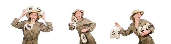 Woman wearing safari hat on white — Stock Photo, Image