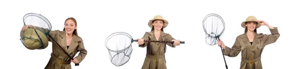 Femme portant un chapeau safari sur blanc — Photo