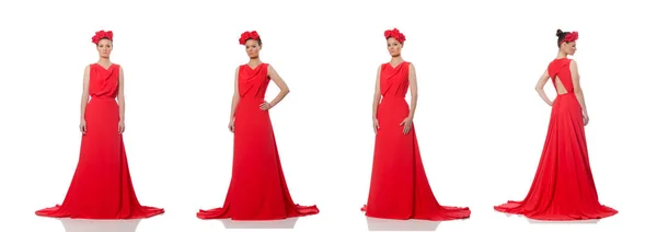 Modelo muito caucasiano em vestido de noite longo vermelho isolado no whi — Fotografia de Stock