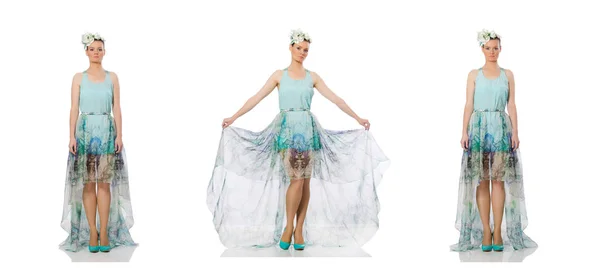 Vit modell i blå blommig klänning isolerad på vit — Stockfoto
