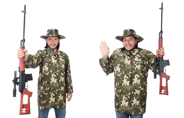 Soldado com armas isoladas em branco — Fotografia de Stock