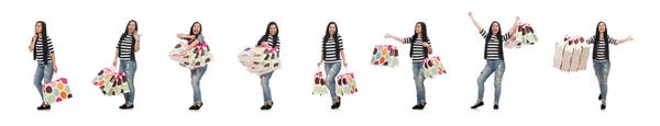 Donna con shopping bags isolata su bianco — Foto Stock