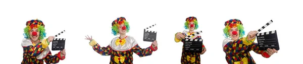 Clown med filmen clapper isolerad på vit — Stockfoto