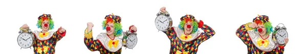 Клоун с часами, изолированными на белом — стоковое фото