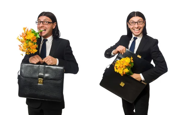 Stilig affärsman med blomma och kort fall isolerat på whit — Stockfoto