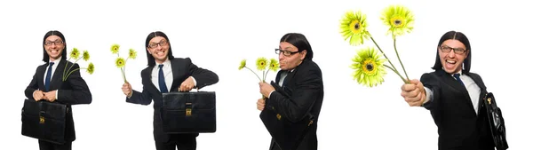 Bel homme d'affaires avec fleur et mallette isolée sur le coup de fouet — Photo