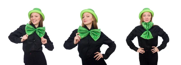 Young woman with green giant bow-tie — Stock Photo, Image