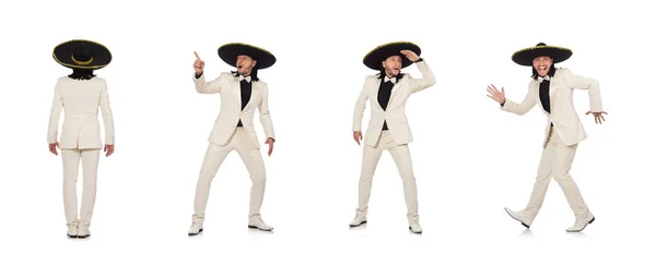 Divertente messicano in tuta e sombrero isolato su bianco — Foto Stock