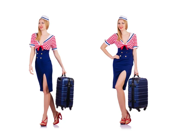 Stewardess mit Gepäck auf weiß — Stockfoto