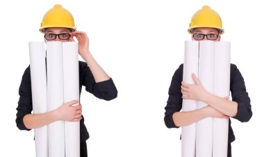 Blueprint-beyaz izole kadın mimar 