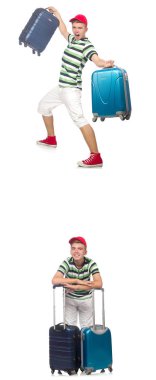 Bavullu genç adam beyaza izole edilmiş. 