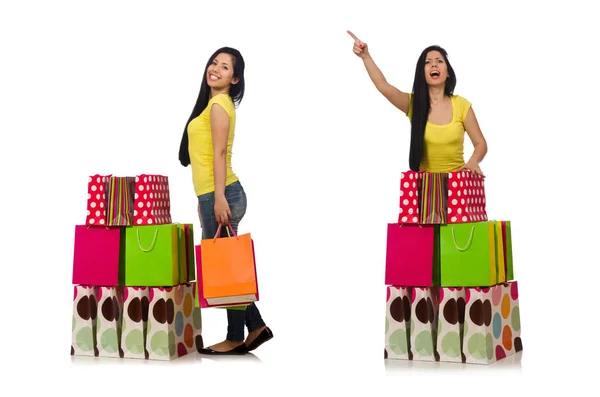 Woman with shopping bags isolated on white — Stock Photo, Image