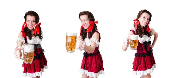 Young waitress with tray on white — Stock Photo, Image