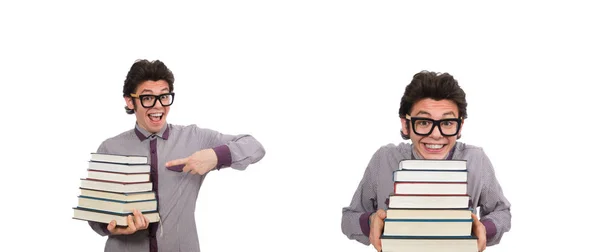 Student mit Büchern auf Weiß — Stockfoto