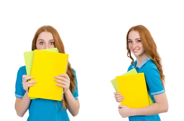 Studentin mit Zetteln auf weißem Grund — Stockfoto