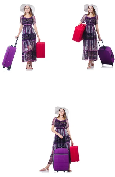 Junge Frau mit Koffern isoliert auf weiß — Stockfoto