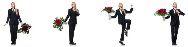 Mujer de negocios con ramo de flores aisladas en blanco —  Fotos de Stock