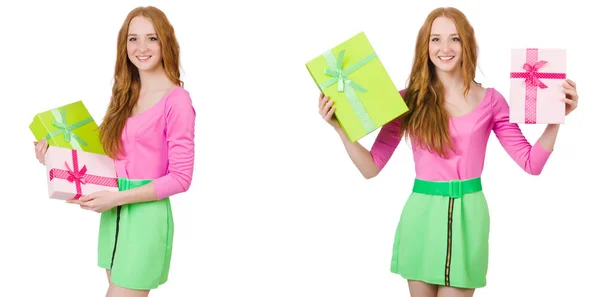 Beautiful woman in green skirt with giftbox — Stock Photo, Image