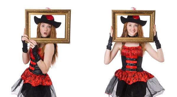 Vrouw piraat met fotolijstje geïsoleerd op wit — Stockfoto